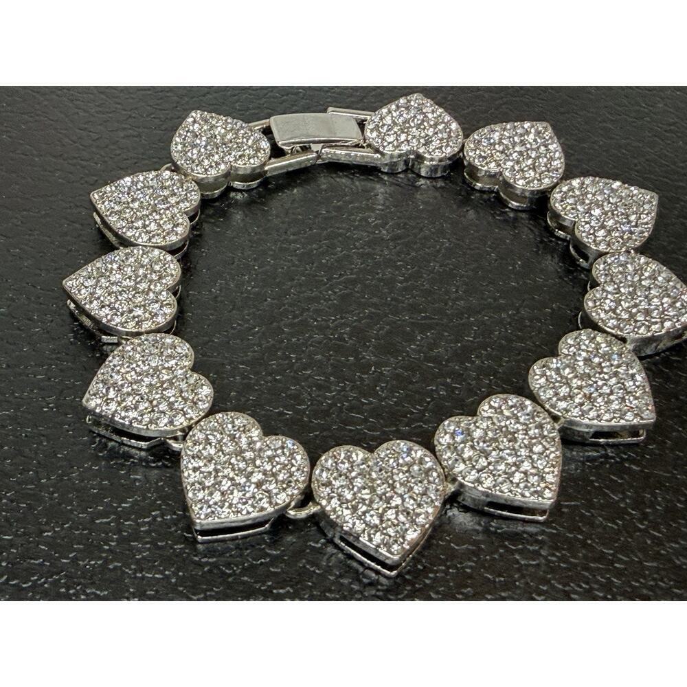 Sparkly Silver Tone Rhinestone Link Heart Bracelet 8" Love